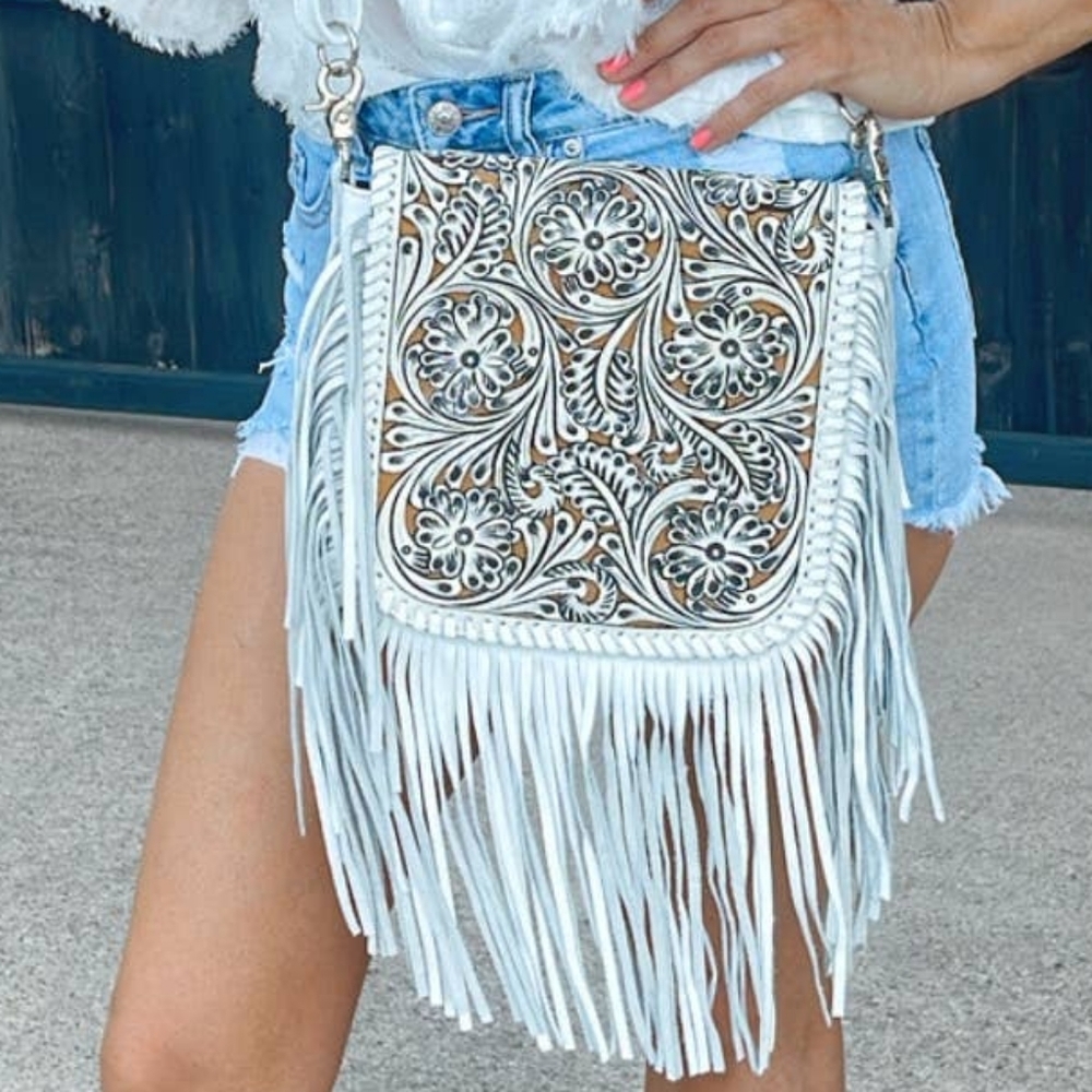 NWT White/Brown Genuine Leather White and Tan Fringe Shoulder Crossbody Bag